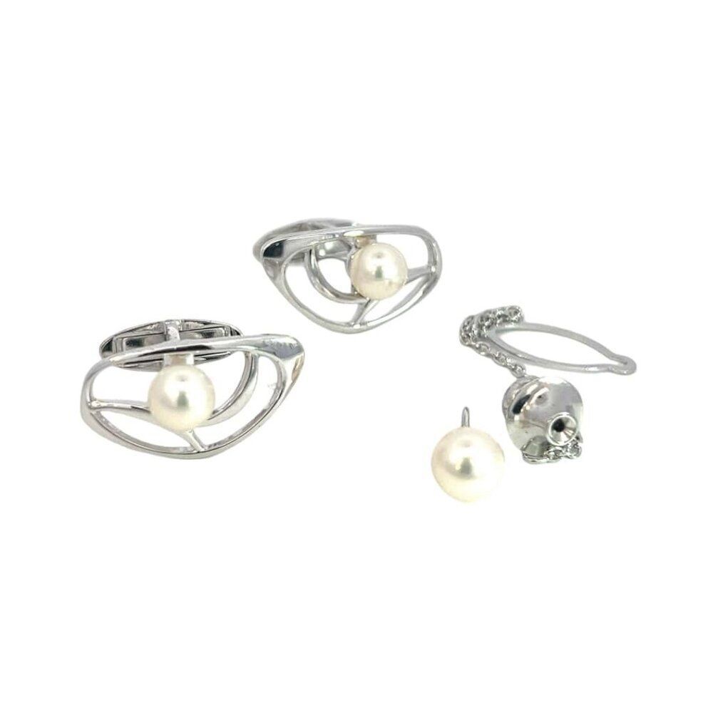 Mikimoto Estate Akoya Pearl Cufflinks + Tie Pin Set Sterling Silver 6.75 mm M378
